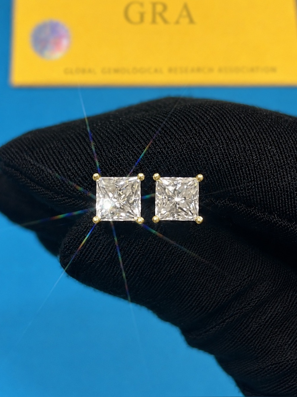 VVS Moissanite Square Princess Stud Earrings 14K Gold Plated Unisex 925 S Silver